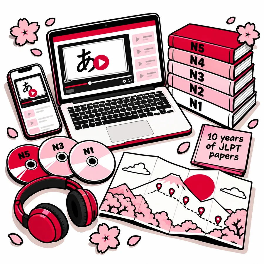 Everything in the bundle: video lessons on laptop and phone, books N5 to N1, listening CDs, a level roadmap and 10 years of JLPT papers